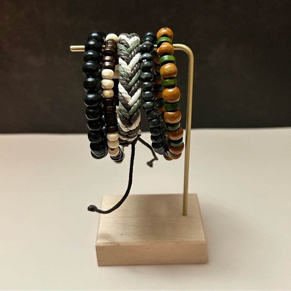 5 Piece Brown Green Black White Beaded Woven Bracelet Set